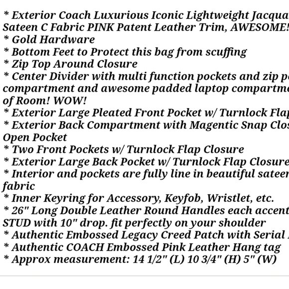 Coach Addison Spectator Khaki  Signature Pink Leather Trim Laptop Busine… - Picture 16 of 16